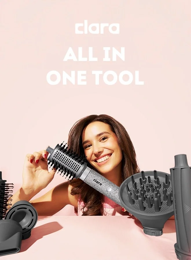 CLARA  Clara Multi Styler for All Hair Types 6-in-1 Styling Tool with Auto-Wrap Curlers, Blow Dryer, Round & Oval Brush ? 1500W Ionic Hair Styler for Frizz-Free Waves & Salon Blowouts (Diamond Silver) Diamond Silver for Women | Best Price UAE
